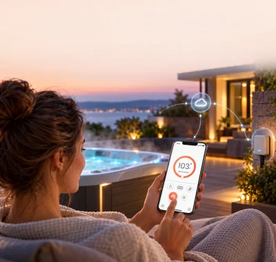 Connected spa controlled through a mobile app, with cloud connectivity between the phone and the spa