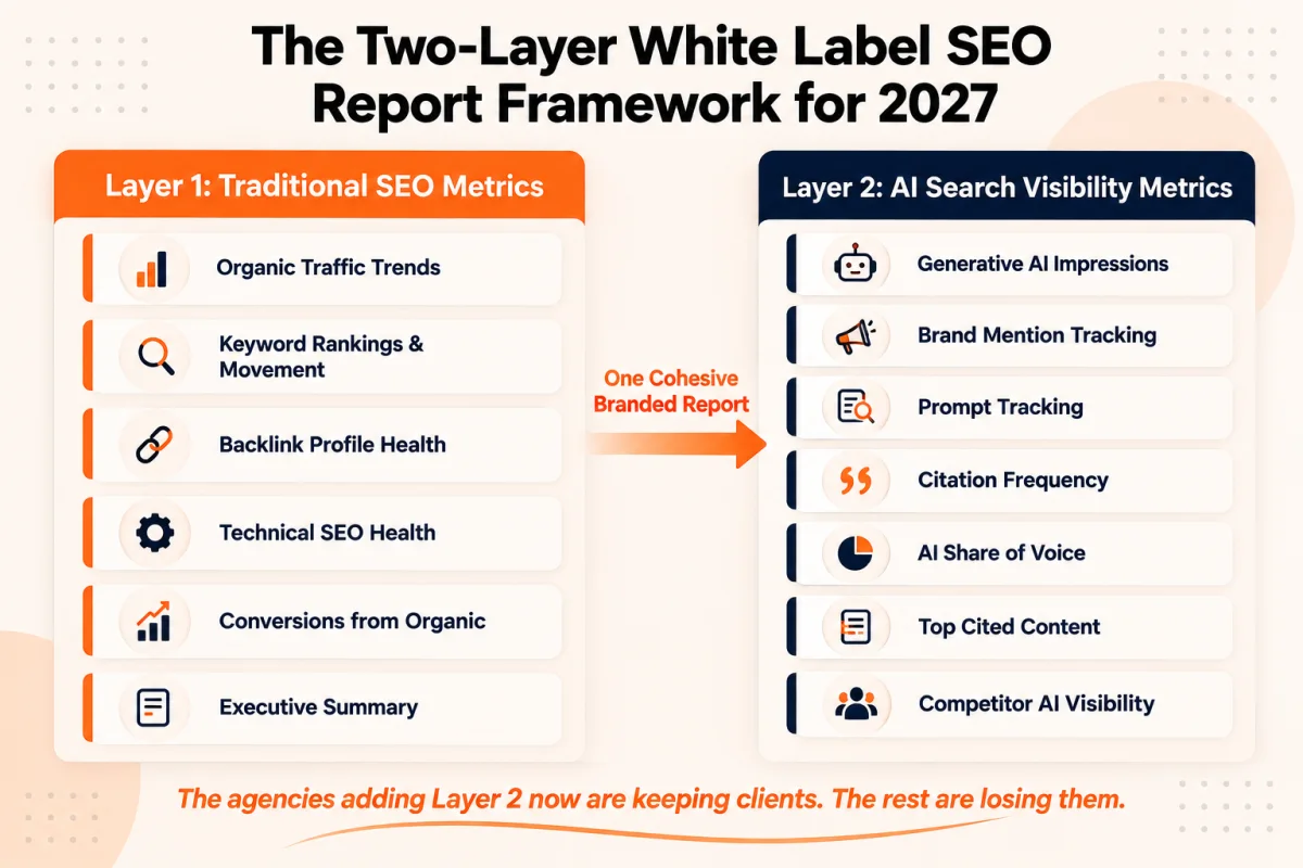 White label SEO report framework showing traditional SEO metrics on one side and AI search visibility metrics on the other, combining into one branded client report