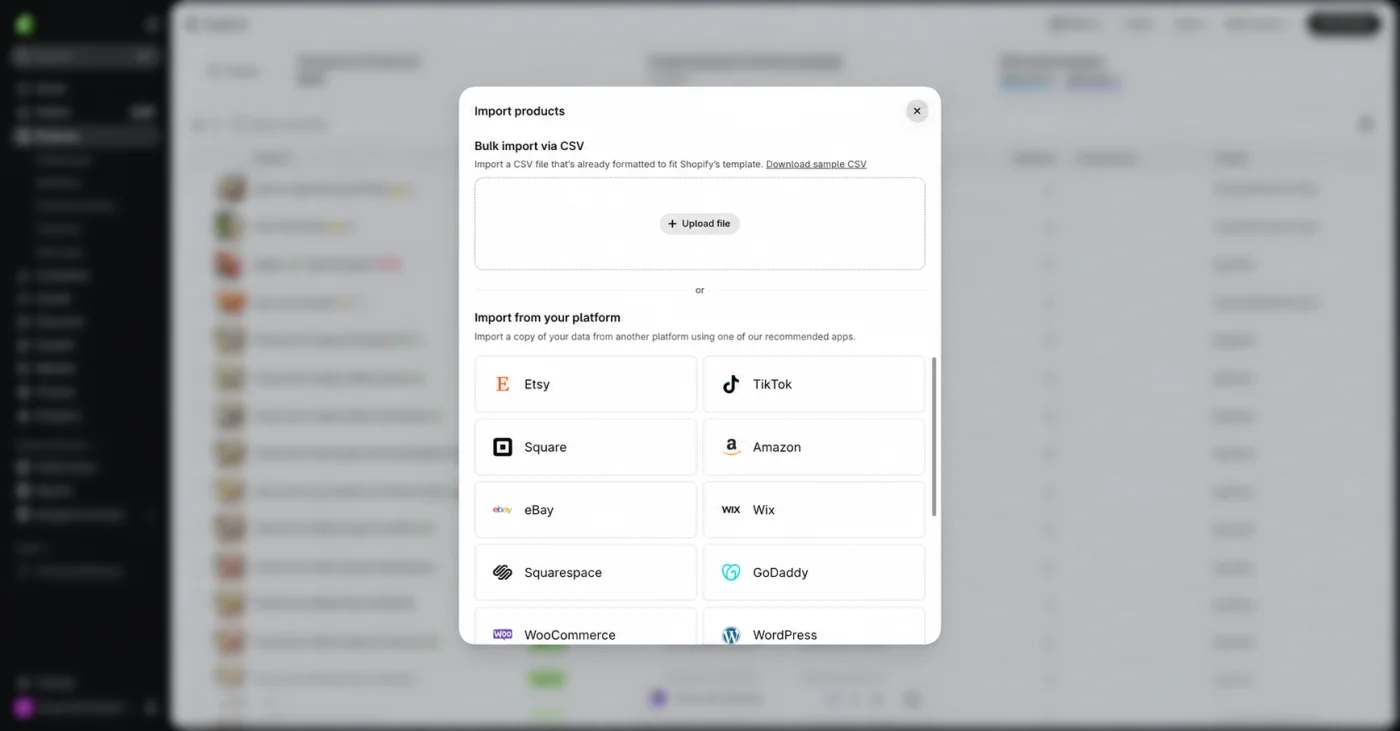 Shopify admin product import screen showing a CSV file being uploaded during a WordPress migration