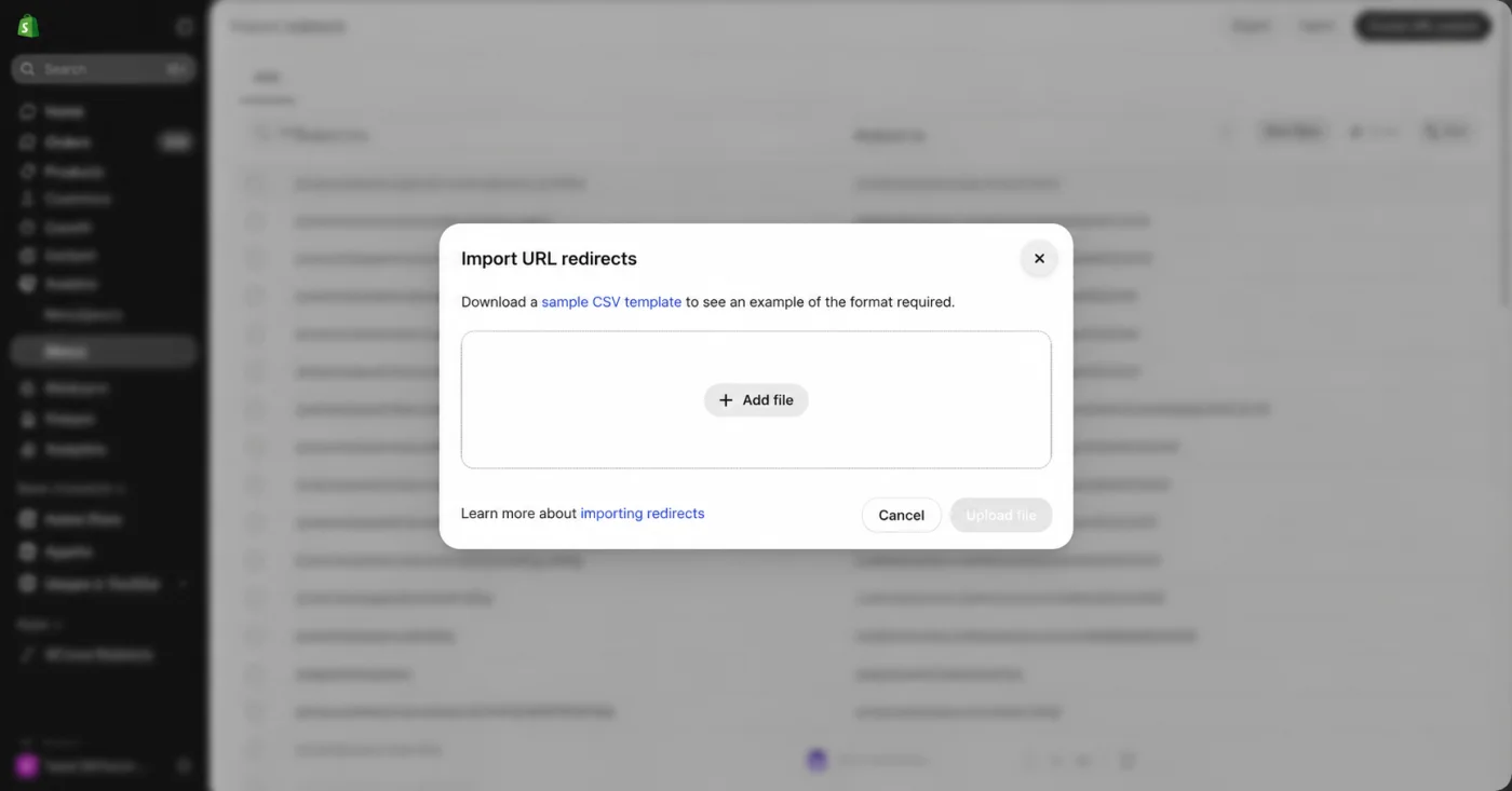 Shopify admin URL redirects page with the Import button used to upload a WordPress redirect CSV file