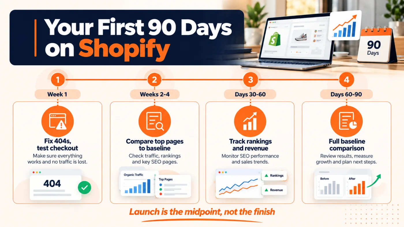 Timeline infographic of what to monitor in the first 90 days after a WordPress to Shopify migration