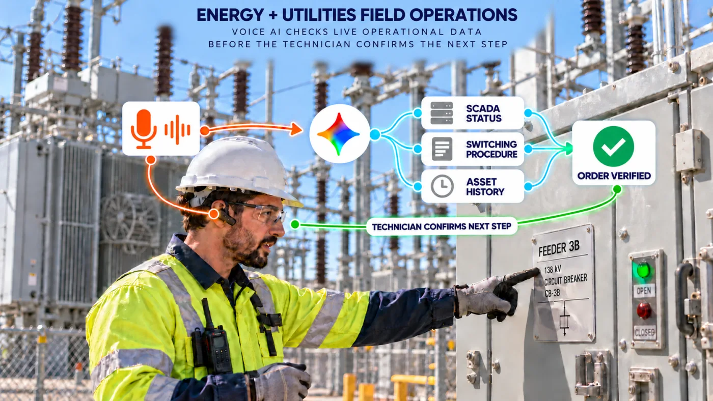 A substation technician verifies a switching order hands-free while a Gemini Live voice agent checks SCADA status, procedure, and asset history