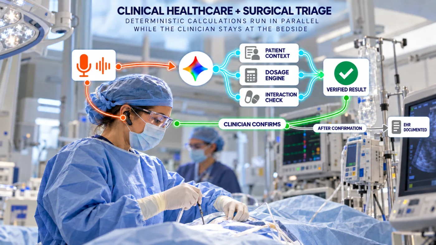 A clinician uses a Gemini Live voice agent to retrieve patient context, route dosage calculations to a deterministic engine, verify interactions, and document the result after confirmation