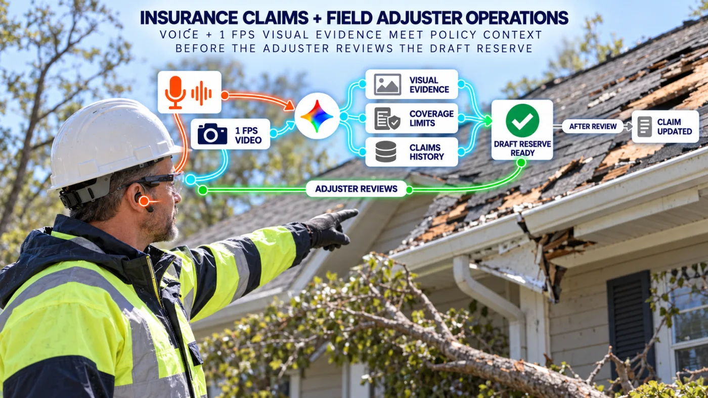 A field adjuster narrates storm damage while a Gemini Live agent combines one-frame-per-second visual evidence with policy coverage and claims history before producing a draft reserve for review