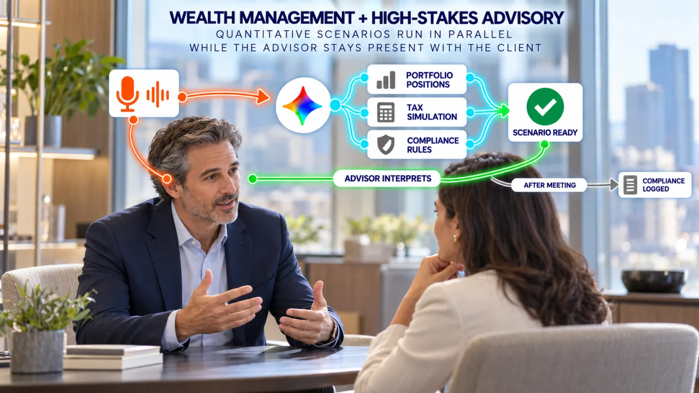 An advisor remains present with a client while a Gemini Live voice agent runs portfolio, tax, and compliance checks in parallel before returning a scenario for interpretation