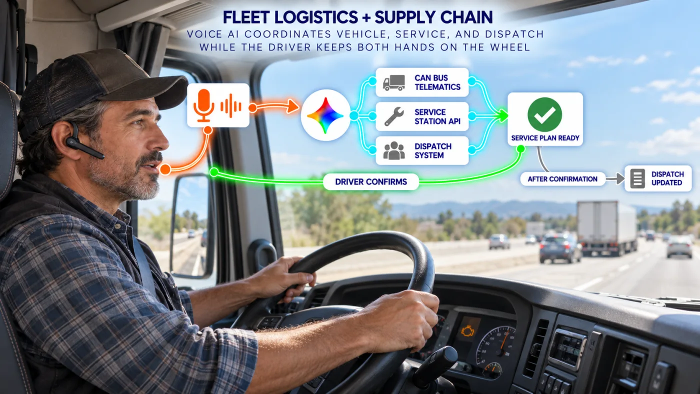 A commercial driver keeps both hands on the wheel while a Gemini Live voice agent checks CAN-bus telemetry, service-station availability, and dispatch before returning a service plan for confirmation